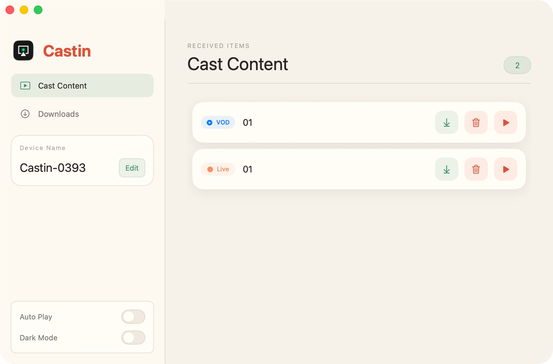 Castin app showing received cast items and download controls